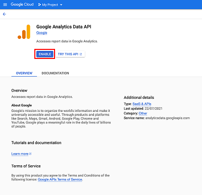 Google Analytics Data APIの概要画面と「有効にする」ボタン